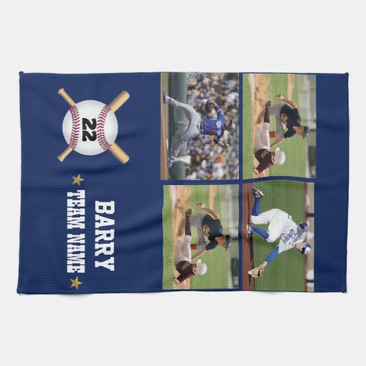 Personalized Baseball 4 Photo Collage Name Team キッチンタオル (横)