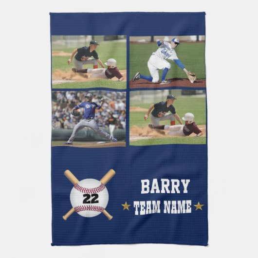 Personalized Baseball 4 Photo Collage Name Team キッチンタオル (縦)