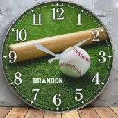 Personalized Baseball Bat and Ball on Green Field ラージ壁時計