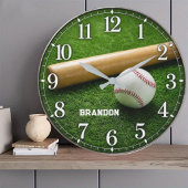 Personalized Baseball Bat and Ball on Green Field ラージ壁時計