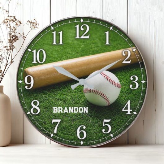 Personalized Baseball Bat and Ball on Green Field ラージ壁時計