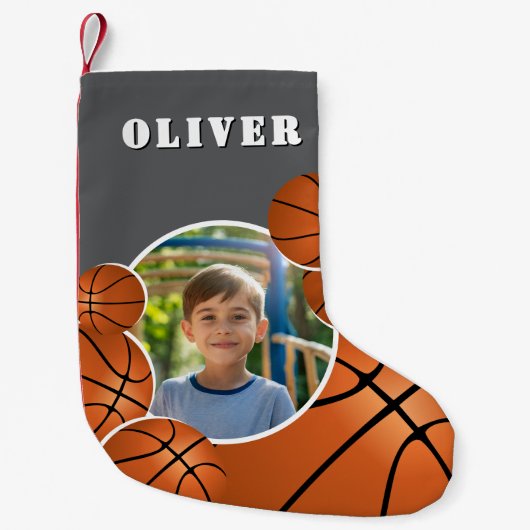 Personalized Basketball Ball Football Boy Photo  スモールクリスマスストッキング (正面)