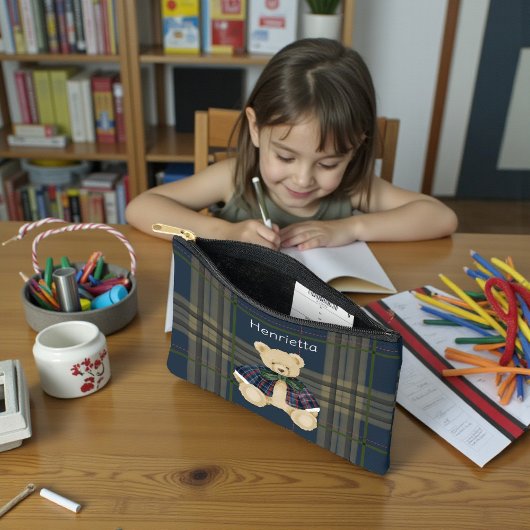 personalized Bear Plaid Pencil Pouch アクセサリーポーチ