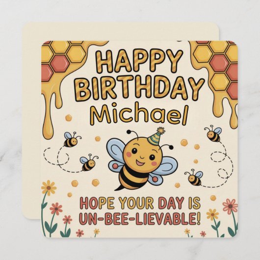 Personalized Bee Birthday Card - Honeycomb Theme 招待状 (正面/裏面)