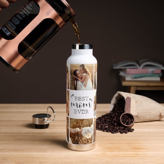 Personalized Best Mom Ever 8-Photo Collage Elegant ウォーターボトル (コーヒー)
