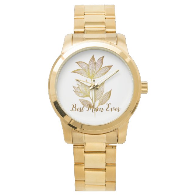 Personalized Best Mom Ever Golden Floral 腕時計 (正面)