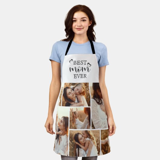 Personalized Best Mom Ever Script & Photo Collage エプロン (着用した状態)