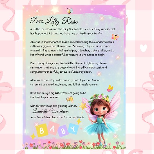 Personalized Big Sister Fairy Letter – New Baby  招待状