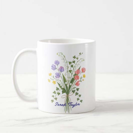 Personalized Birth Flower Lily of The Valley コーヒーマグカップ (左)