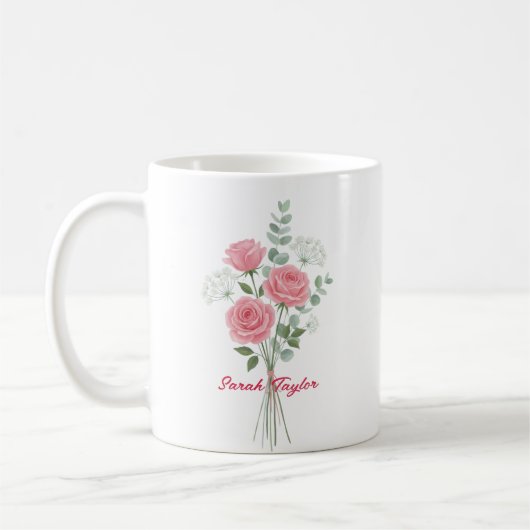 Personalized Birth Flower Pink Rose Custom コーヒーマグカップ (左)