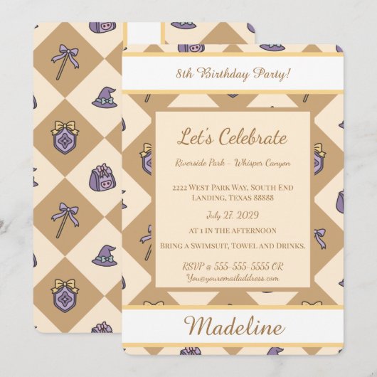 Personalized Birthday Academy Wizard School Gold 招待状 (正面/裏面)