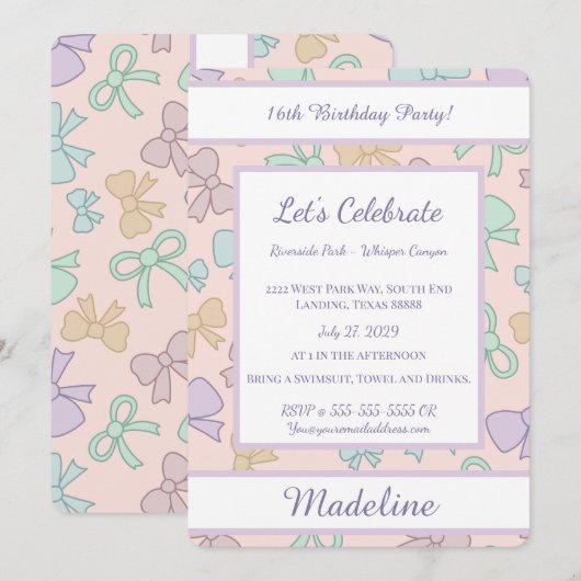Personalized Birthday Bow Pastel Sweet Invitation 招待状 (正面/裏面)
