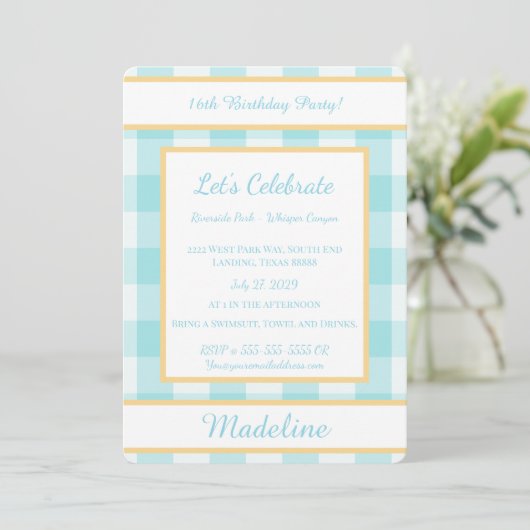 Personalized Birthday Gingham Blue Invitation 招待状 (スタンド正面)