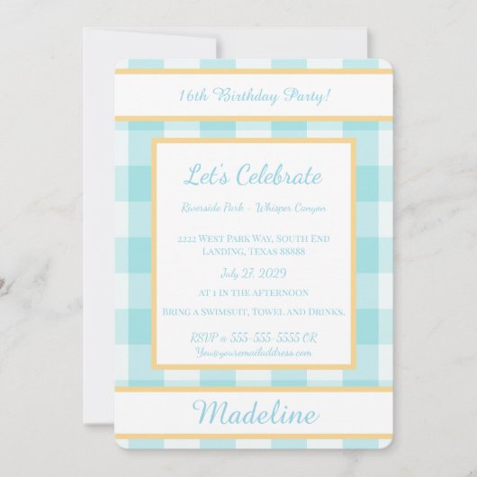Personalized Birthday Gingham Blue Invitation 招待状 (正面)