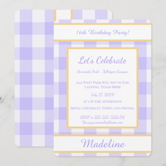 Personalized Birthday Gingham Purple Invitation 招待状 (正面/裏面)