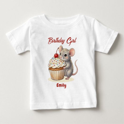 Personalized Birthday Girl | Cute Mouse & Cupcake ベビーTシャツ (正面)