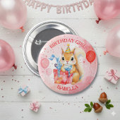 Personalized Birthday Girl's Squirrel Pink and Red 缶バッジ