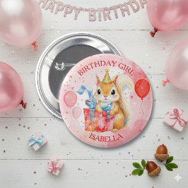 Personalized Birthday Girl's Squirrel Pink and Red 缶バッジ