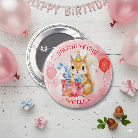 Personalized Birthday Girl's Squirrel Pink and Red 缶バッジ