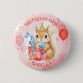 Personalized Birthday Girl's Squirrel Pink and Red 缶バッジ (正面)