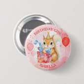 Personalized Birthday Girl's Squirrel Pink and Red 缶バッジ (正面&裏面)