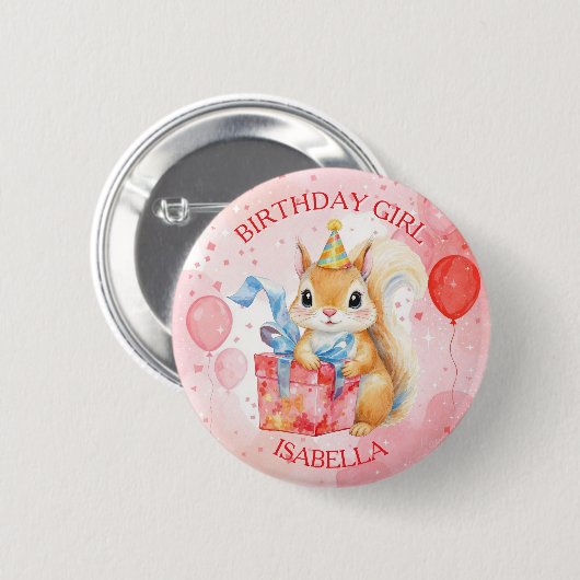 Personalized Birthday Girl's Squirrel Pink and Red 缶バッジ (正面&裏面)