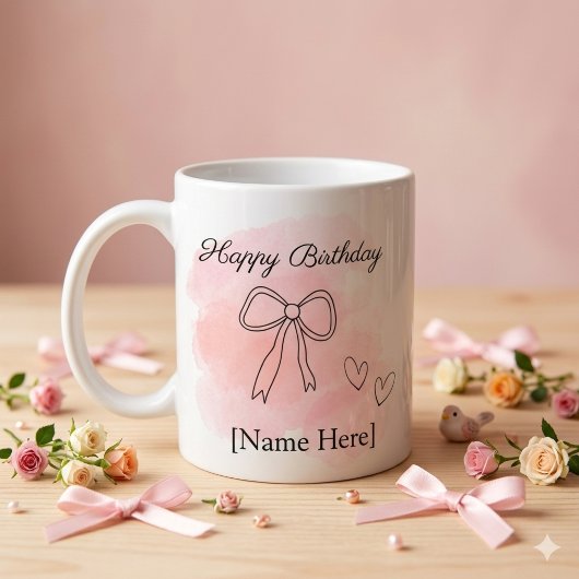 Personalized Birthday Pink Coquette Bow Mug コーヒーマグカップ