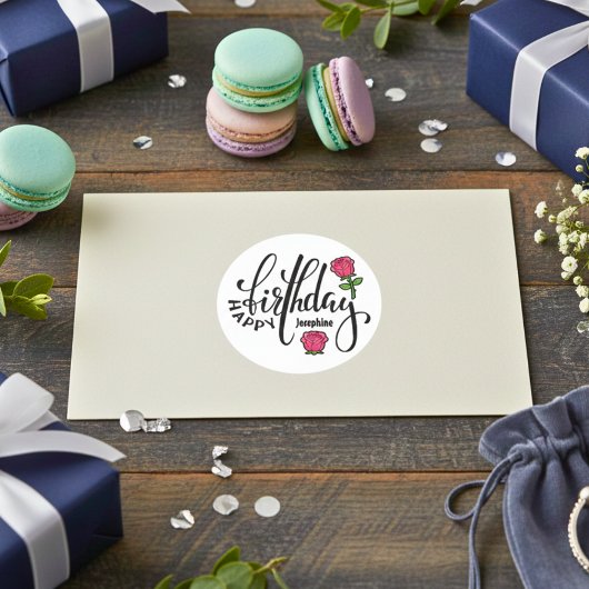 Personalized Birthday Pink Rose  ラウンドシール