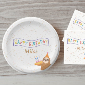 Personalized Birthday Plate Sloth Party Design ペーパープレート