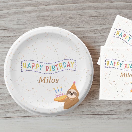 Personalized Birthday Plate Sloth Party Design ペーパープレート