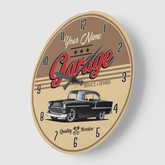 Personalized Black 1955 Car Garage Large Clock ラージ壁時計 (傾斜)