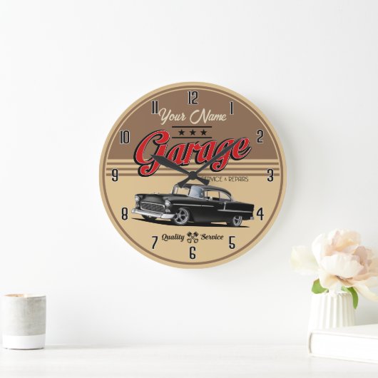 Personalized Black 1955 Car Garage Large Clock ラージ壁時計 (ホーム)