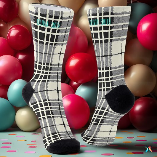 Personalized Black and White Tartan Plaid Custom ソックス