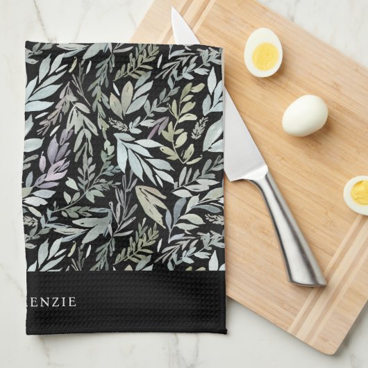 Personalized Black Botanical Watercolor Pattern キッチンタオル (四つ折り)