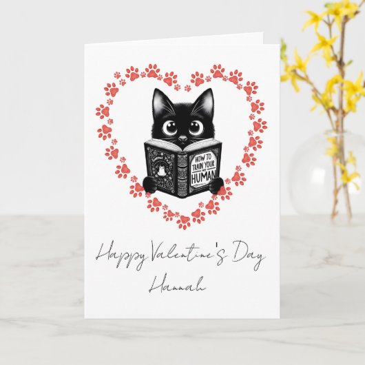 Personalized Black Cat Book Lover Valentine's Card カード (黄色い花)