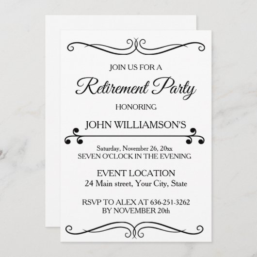 Personalized black elegant retirement party  招待状 (正面/裏面)