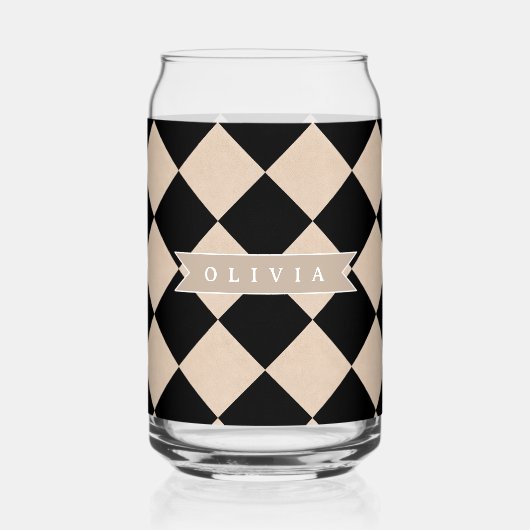 Personalized Black Harlequin Checkered Diamond ガラス缶 (裏面)