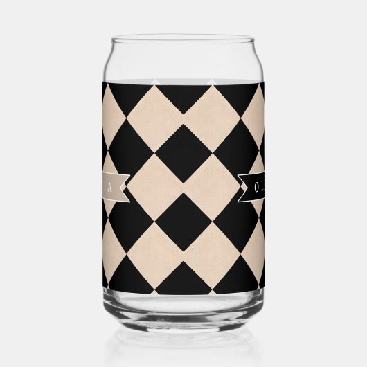 Personalized Black Harlequin Checkered Diamond ガラス缶 (右)