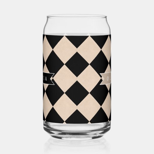 Personalized Black Harlequin Checkered Diamond ガラス缶 (左)
