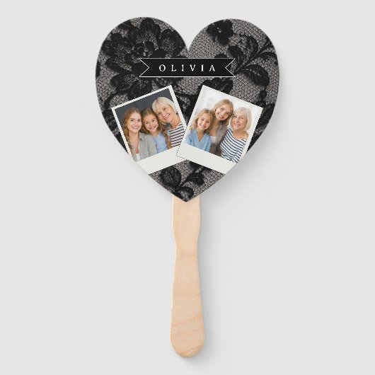 Personalized Black Lace Floral Elegant Monogram ハンドファン (正面)