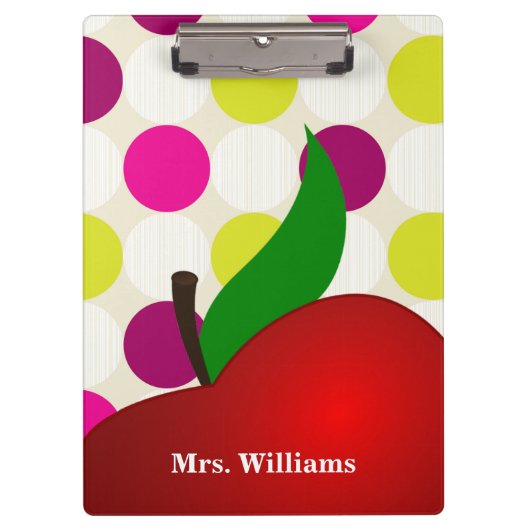 Personalized Black Polka Dot Red Apple Teacher Cli クリップボード (正面)