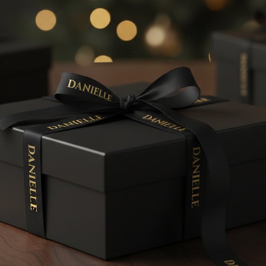 Personalized Black Ribbon with Gold Name Text サテンリボン