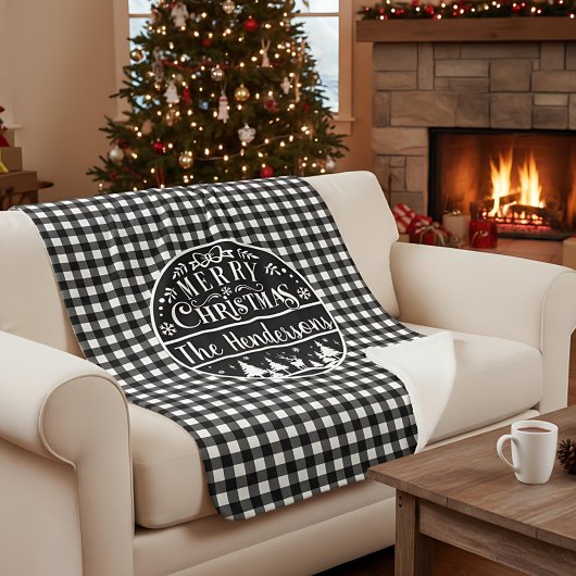 Personalized Black & White Plaid Merry Christmas シェルパブランケット