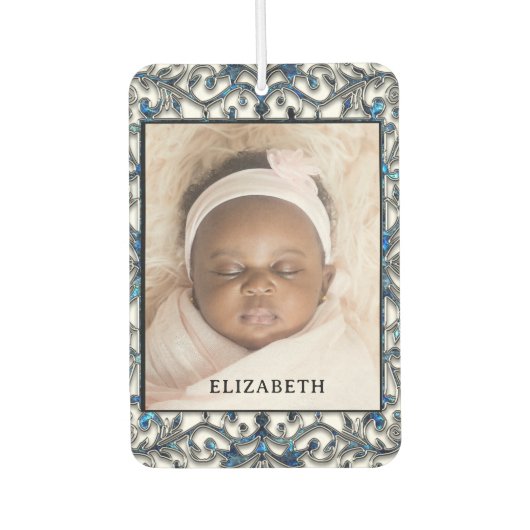 Personalized Black & White Scrollwork w/ Image カーエアーフレッシュナー (正面)