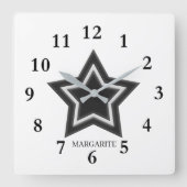 Personalized Black & White Star スクエア壁時計 (正面)