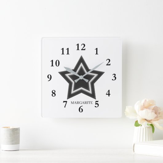 Personalized Black & White Star スクエア壁時計 (ホーム)