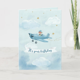 Personalized Blue Airplane Birthday Card カード