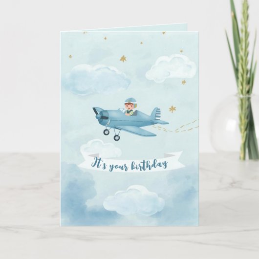 Personalized Blue Airplane Birthday Card カード (正面)
