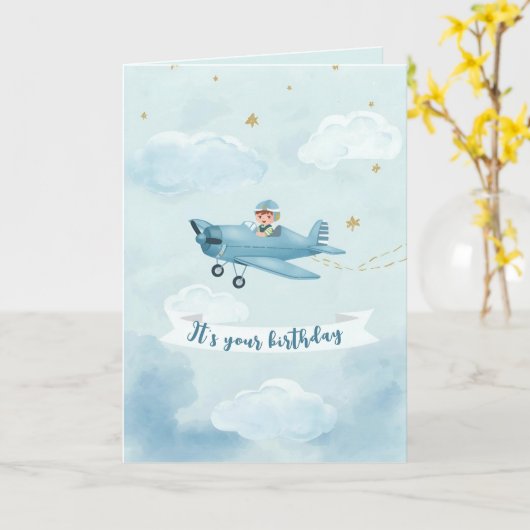 Personalized Blue Airplane Birthday Card カード (黄色い花)