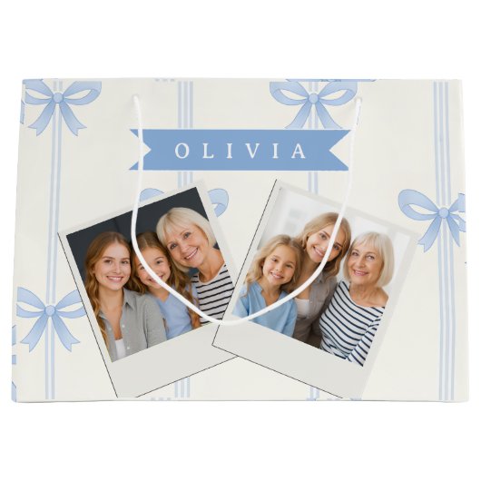 Personalized Blue Bow Coquette Name Aesthetic ラージペーパーバッグ (正面)